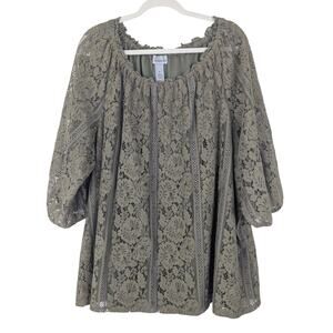 Catherines Womens Forest Green Lace Boho 3/4 Sleeve Blouse Top Size 3X
